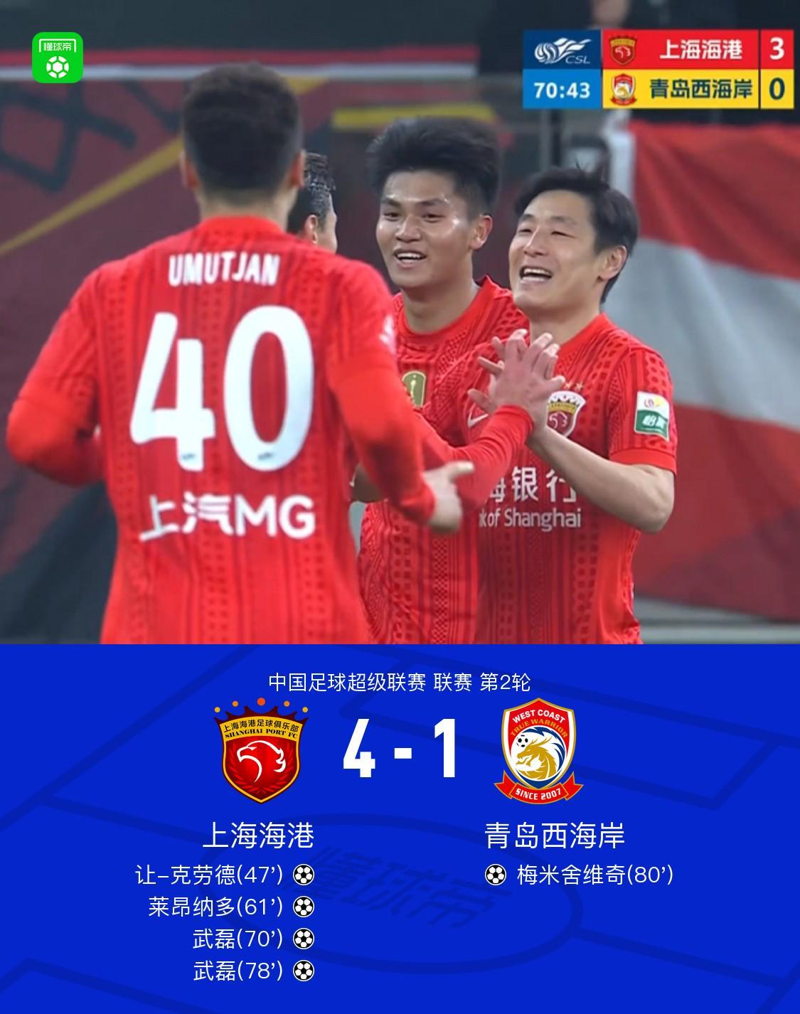 8868 SPORTS-海港4-1西海岸，武磊双响，蒯纪闻送助攻，让-克劳德首球